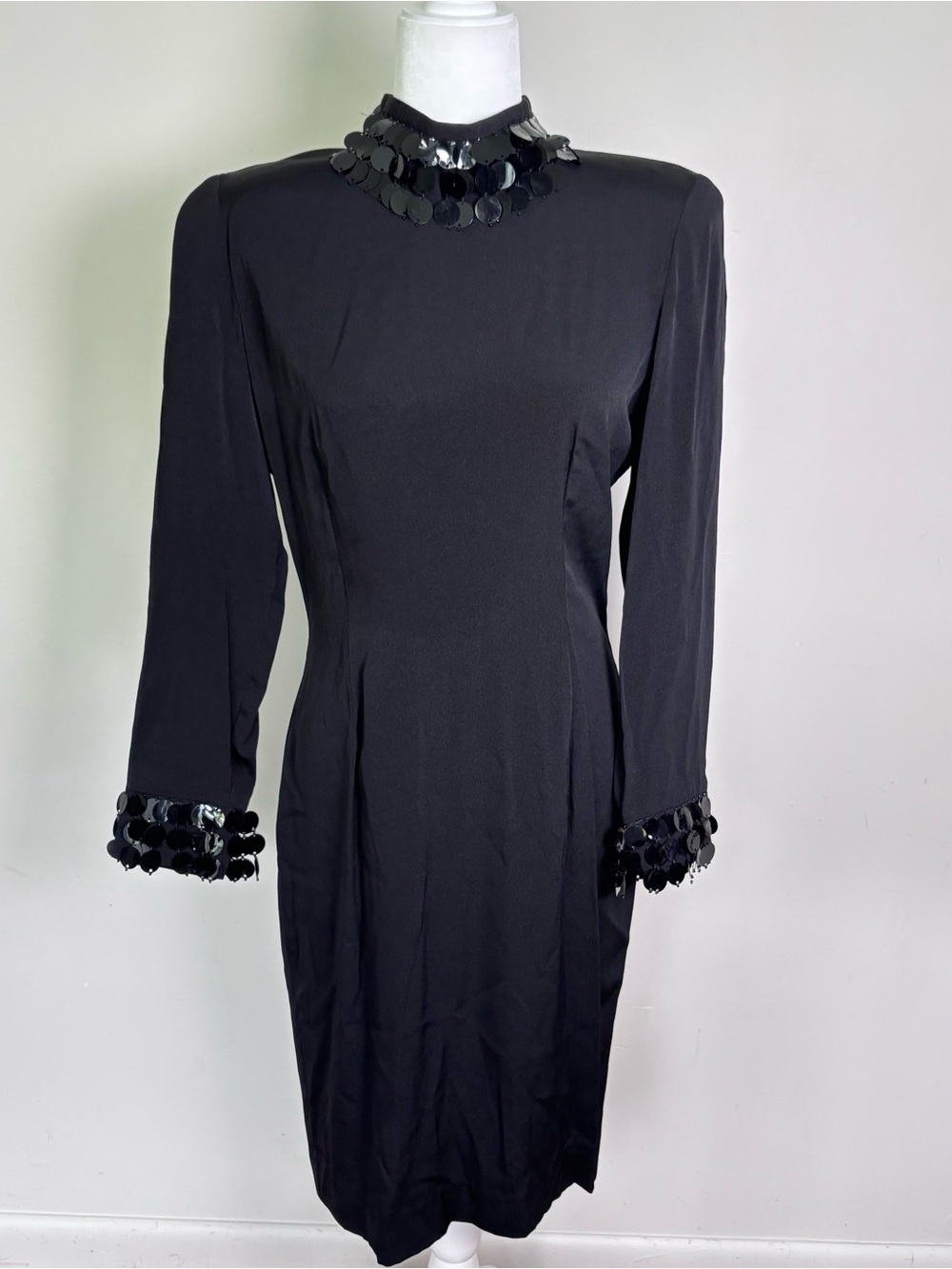 Vintage 80s BB Collections Formal Black High Neck Sheath Dress-Circle Sequins-10